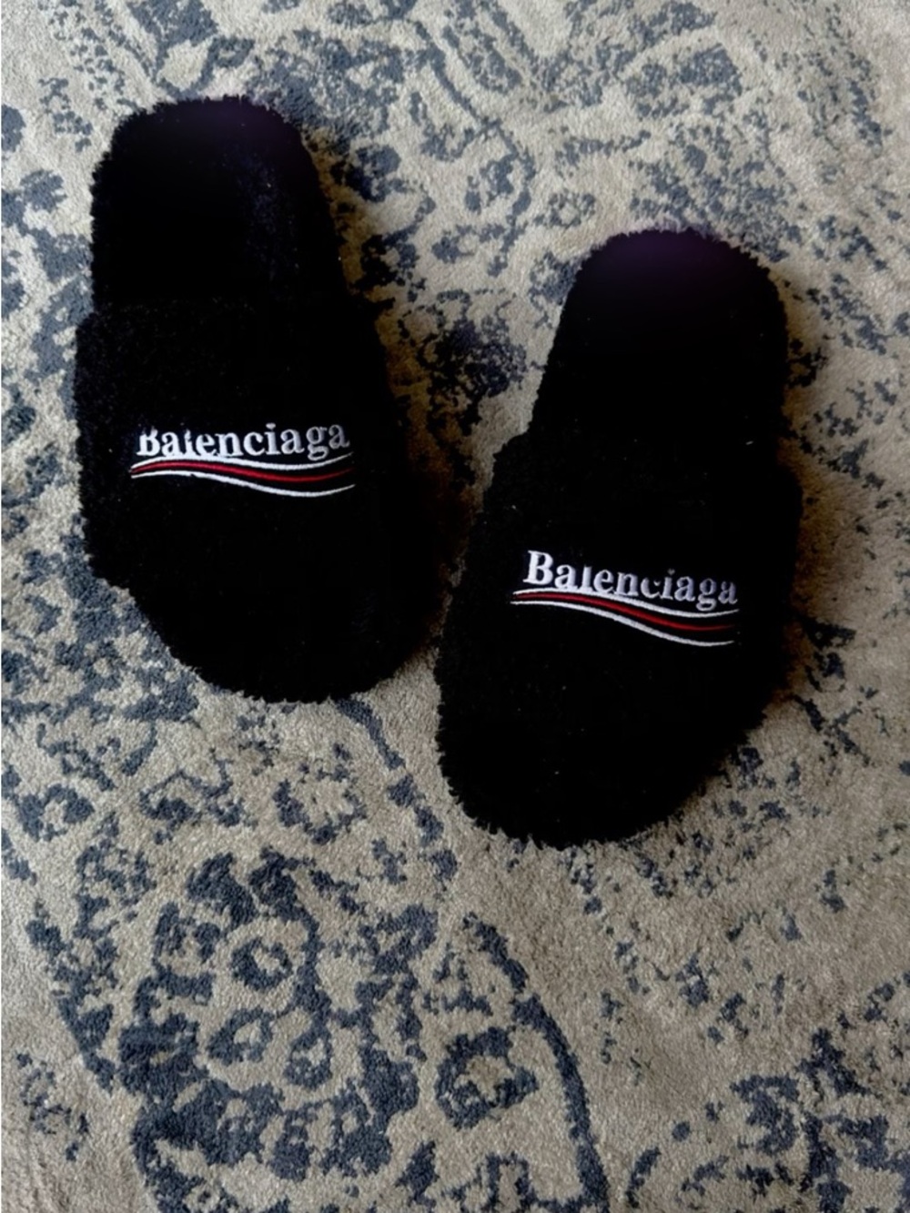 Balenciaga Black Fuzzy Logo Slide Slippers